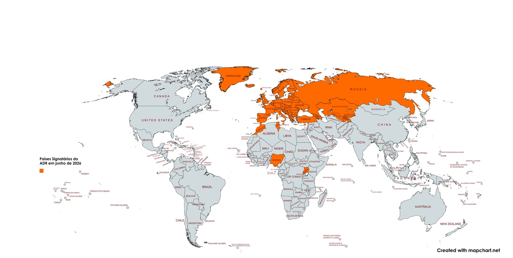 Mapa-múndi dos 55 países signatários do Acordo ADR em junho de 2026, com destaque para Europa, Norte de África, Cáucaso e Ásia Central.
