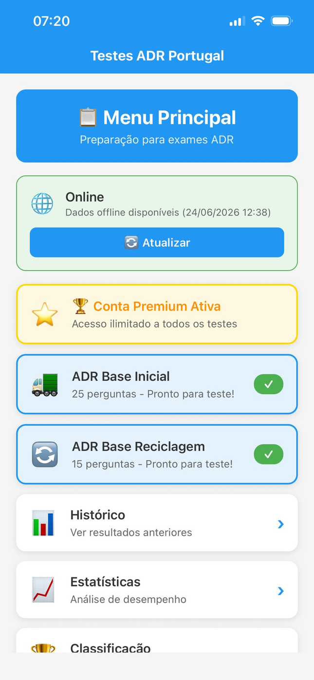 Menu principal da app em iPhone